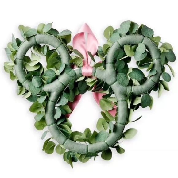 Disney Parks Mickey Mouse Homestead Door Wreath Pink Ribbon Plant Green - NEW - Picture 2 of 2